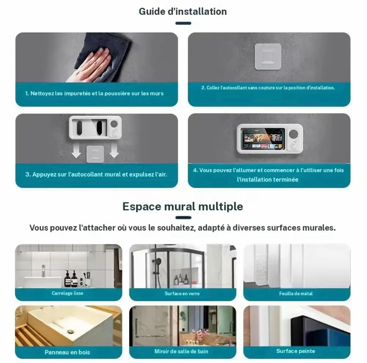Support de douche pour téléphone étanche | Support de téléphone douche avec haut-parleur, étui mural anti-buée transparent étanche pour écran tactile pour téléphones 4 à 7 pouces