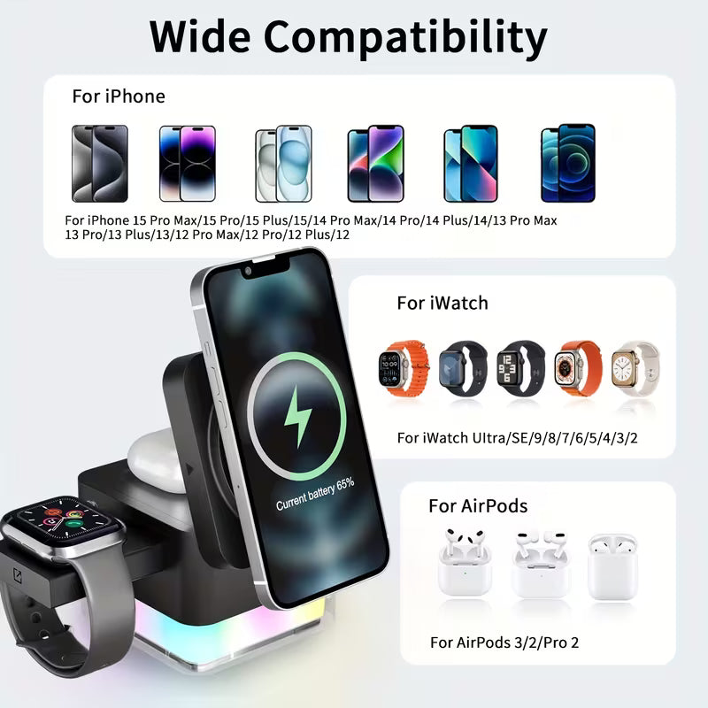 Chargeur Magnétique Sans Fil 4 en 1 – Recharge Rapide 15W et Support Multifonction
