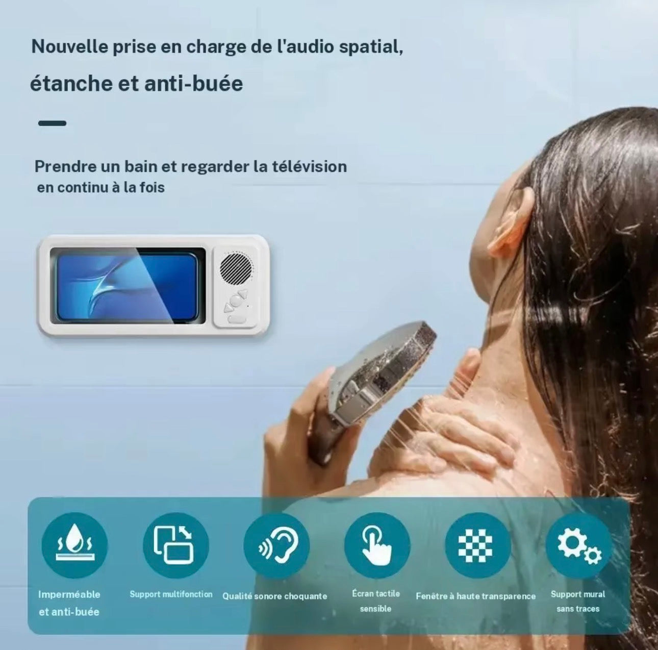 Support de douche pour téléphone étanche | Support de téléphone douche avec haut-parleur, étui mural anti-buée transparent étanche pour écran tactile pour téléphones 4 à 7 pouces