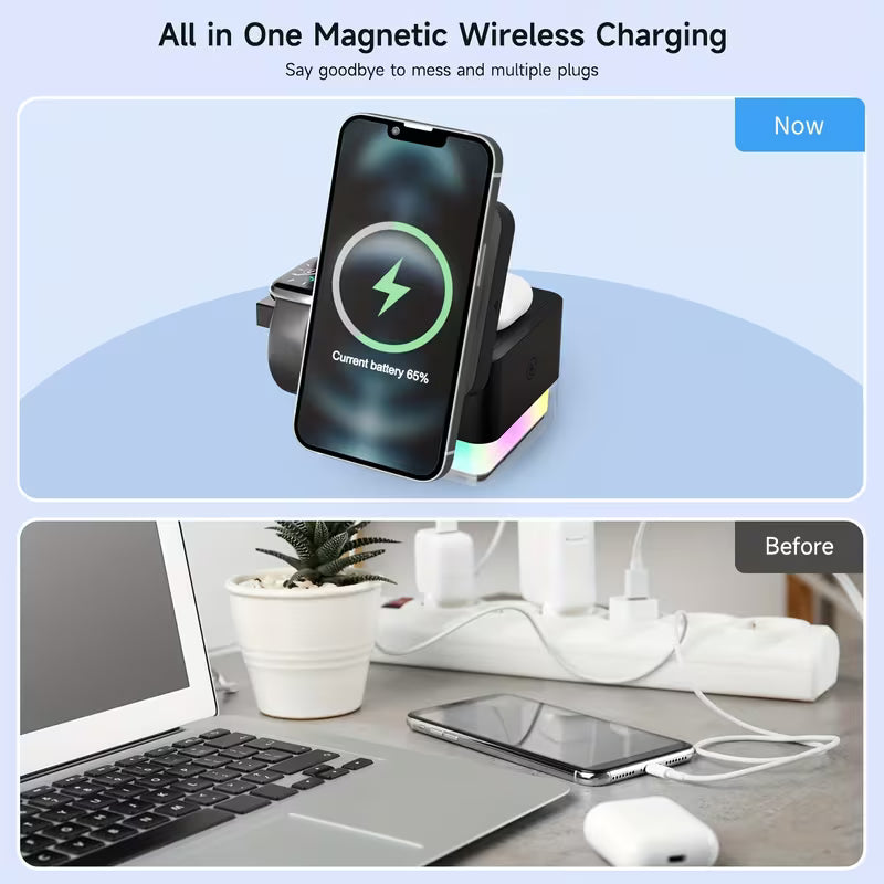 Chargeur Magnétique Sans Fil 4 en 1 – Recharge Rapide 15W et Support Multifonction