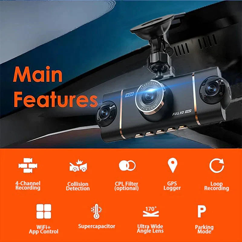 Caméra Dashcam 360° à 4 Objectifs – Sécurité Totale sur la Route
